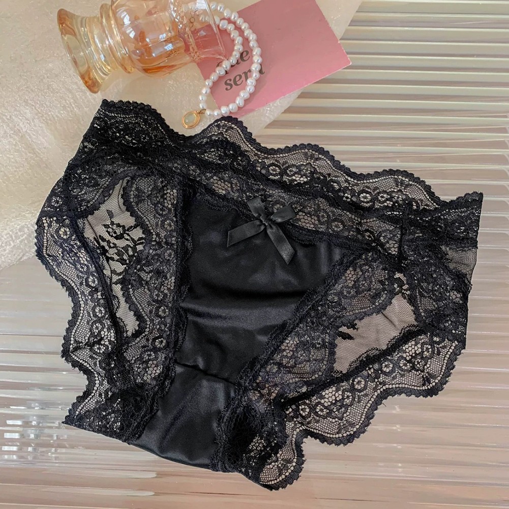 Breathable Womens Lace Underwear Thin Satin Bow Design Low Waist Briefs - Picture 27 of 33