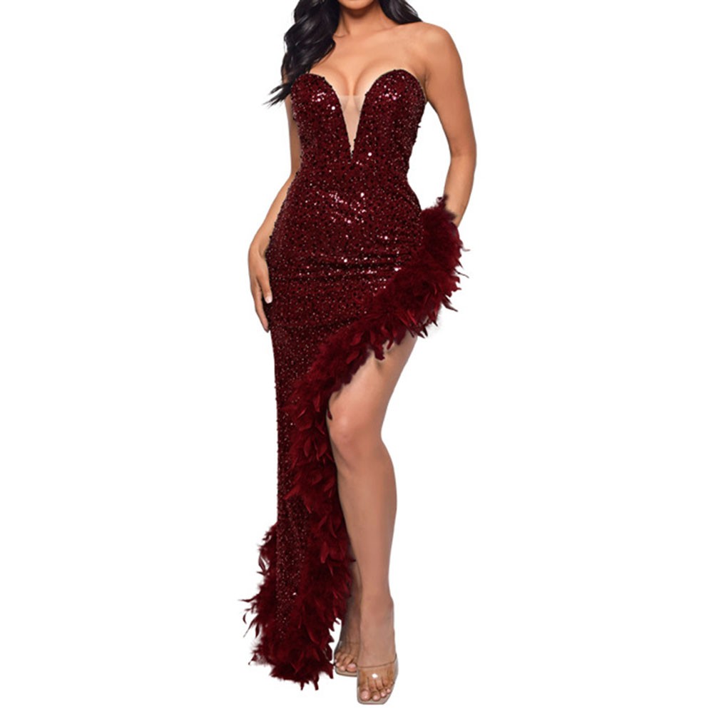 Dress Up in Style Elegant Women's Long Dresses Featuring Feathers and Sparkles - Picture 19 of 20