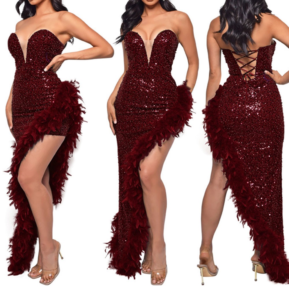 Dress Up in Style Elegant Women's Long Dresses Featuring Feathers and Sparkles - Picture 20 of 20