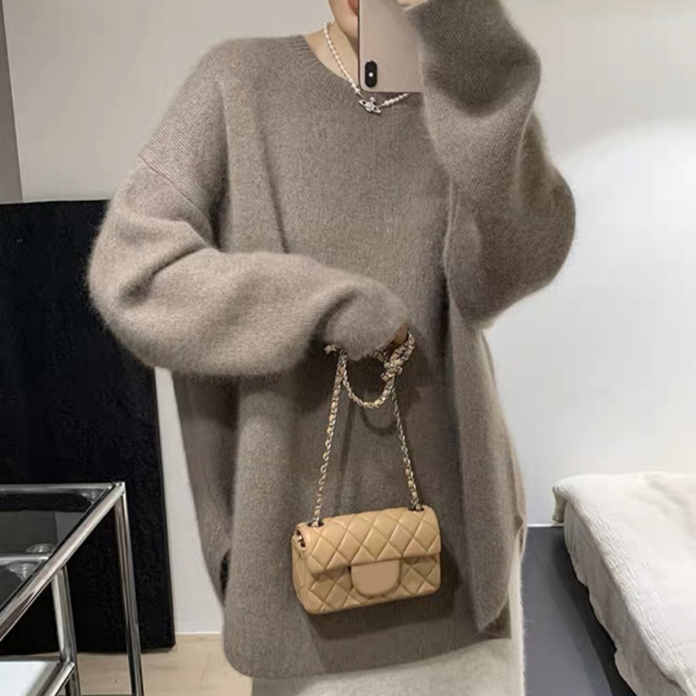 Women's Casual Vintage O Neck Knit Sweater with Elegant Side Slit Design