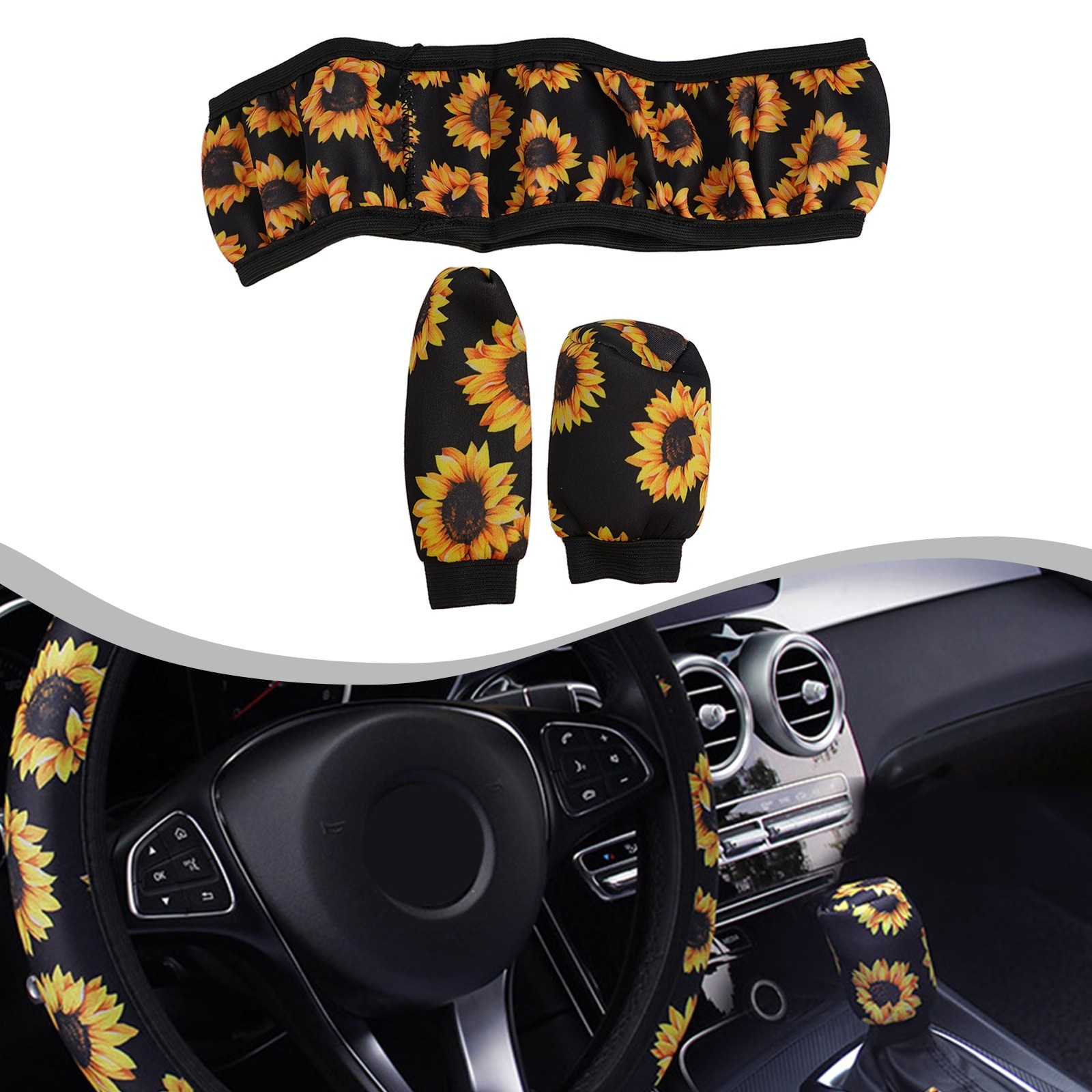 Sunflower Print Steering Wheel Handbrake Gearshift Cover for