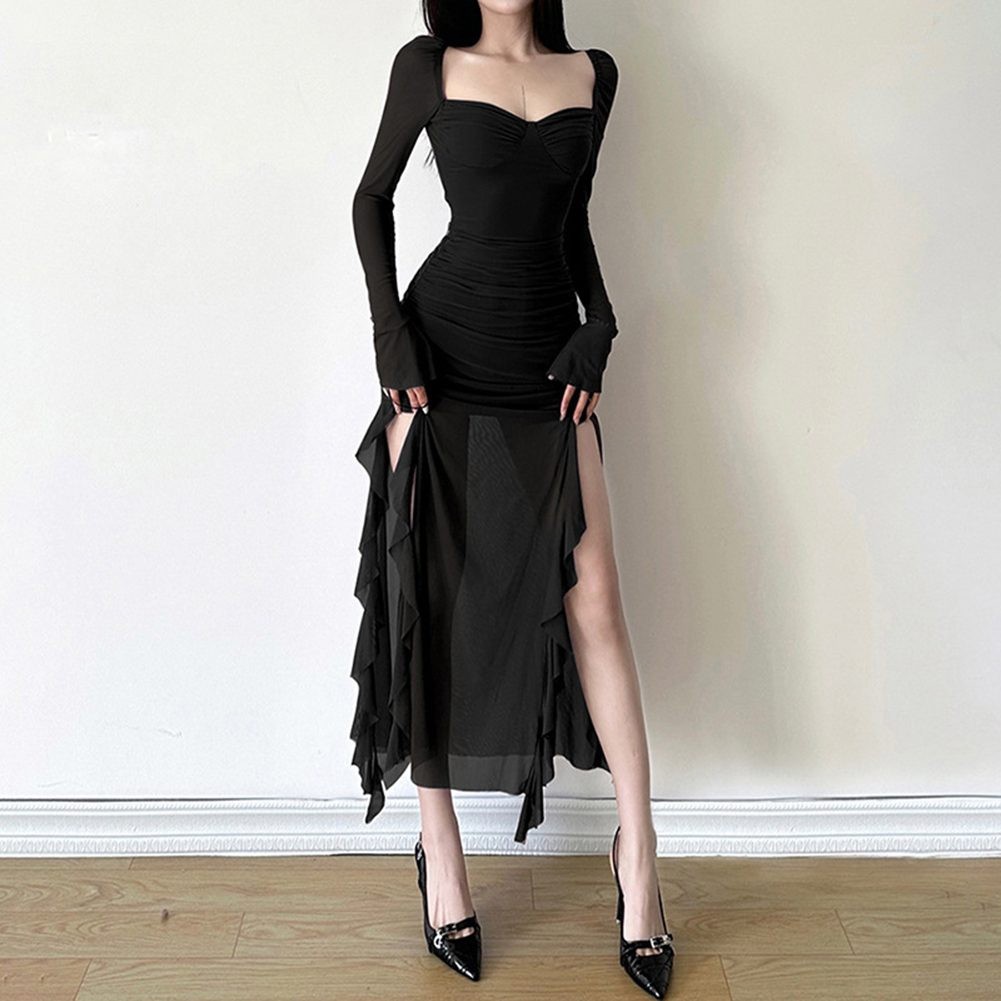 Trendy Women Mesh Waistfitted Long Sleeve Dress for Spring Autumn Wear