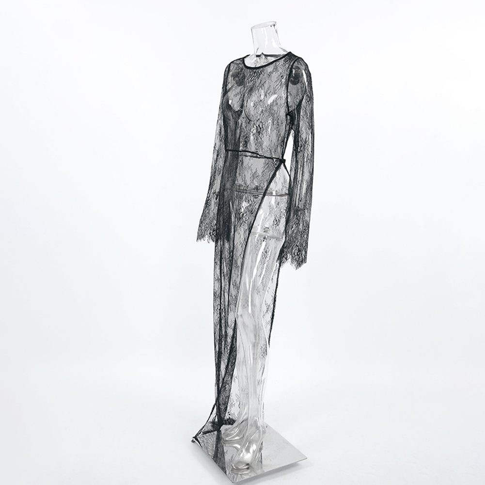 Robe noire tendance femme en dentelle avec motif perspective et manches longues 2024
