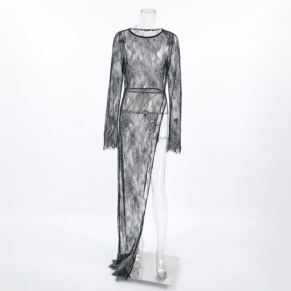 Robe noire tendance femme en dentelle avec motif perspective et manches officiel longues