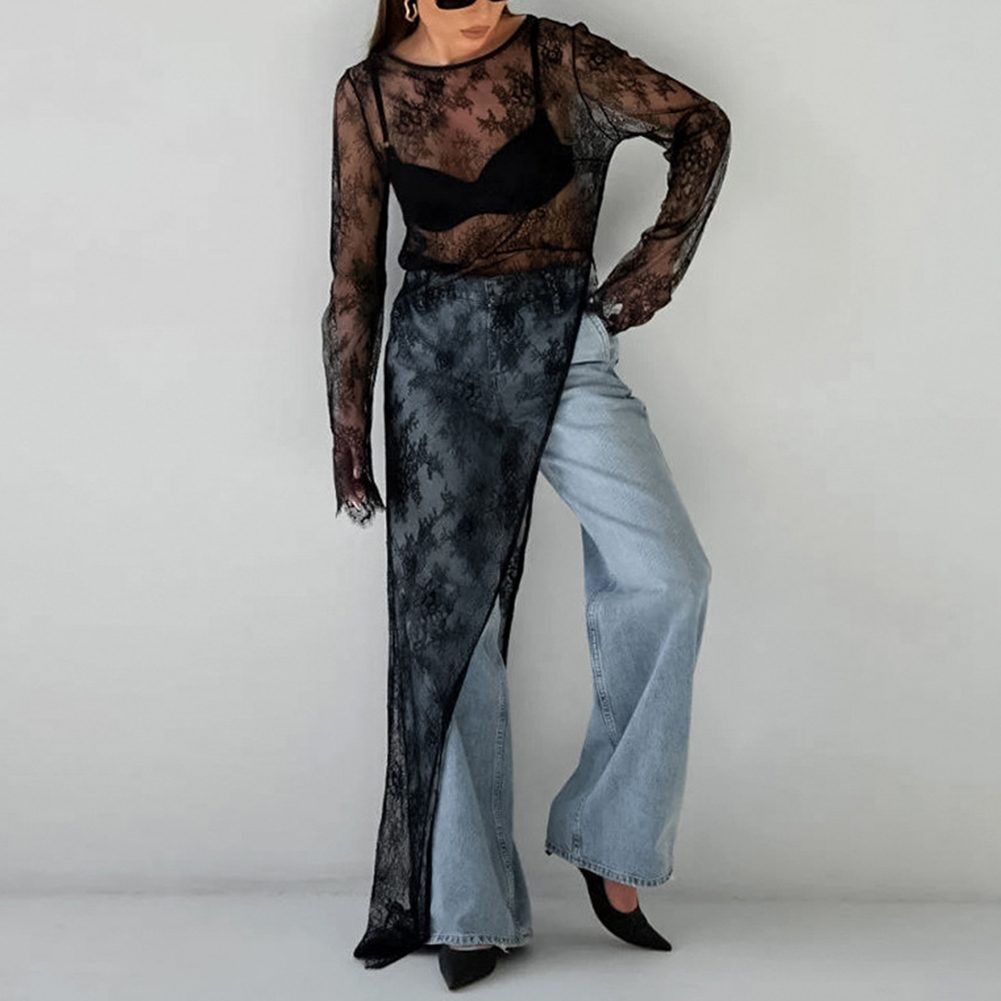 Robe noire tendance femme en dentelle avec motif perspective et manches longues 2024