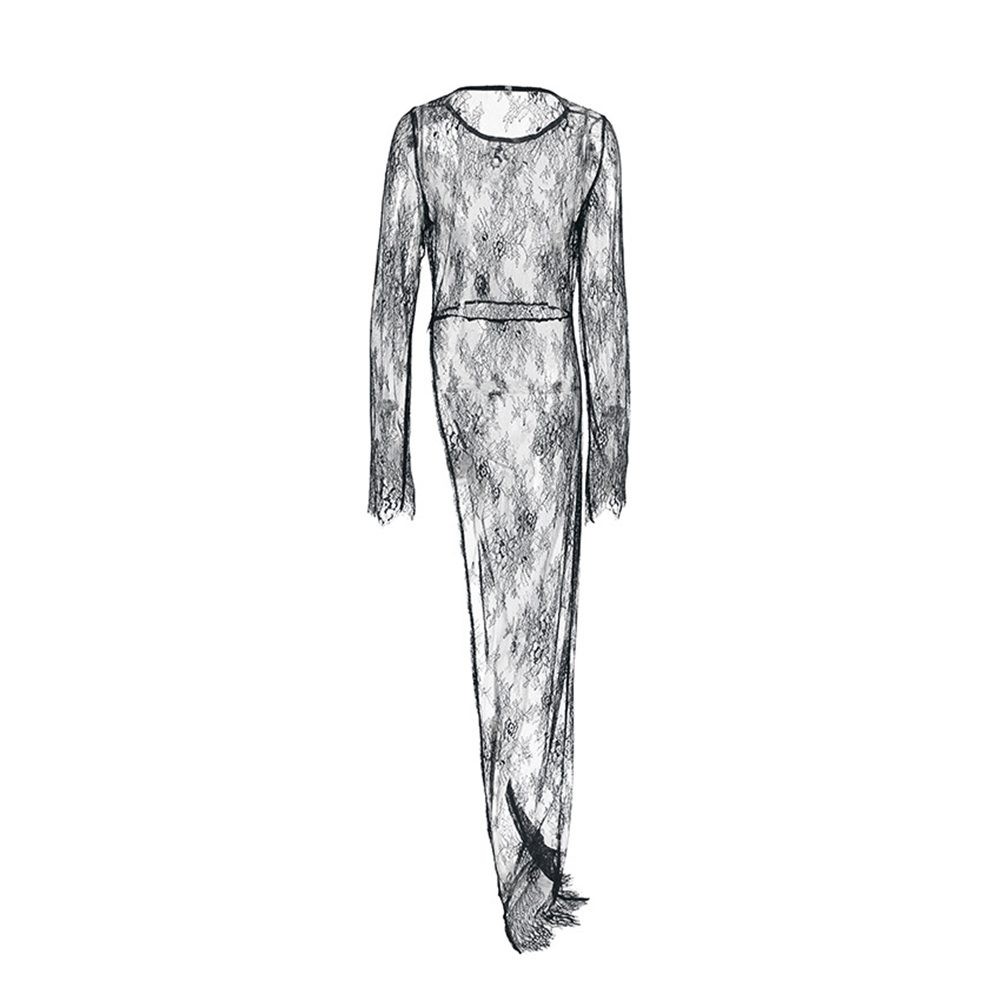 Robe noire tendance femme en dentelle avec motif perspective et manches longues 2024