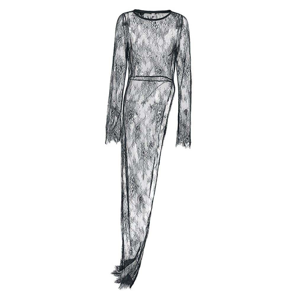 Robe noire tendance femme en dentelle avec motif perspective et manches officiel longues