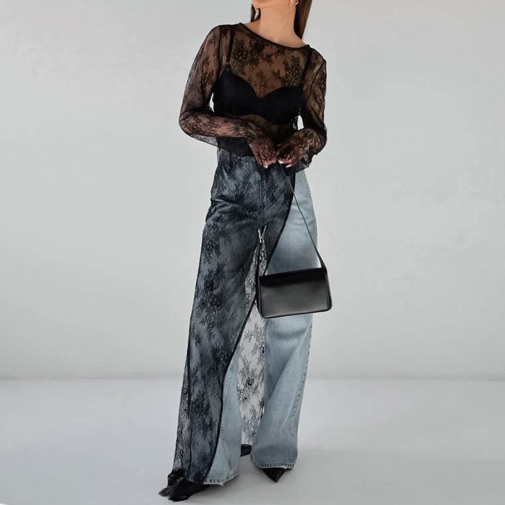 Robe noire tendance femme en dentelle avec motif perspective et manches longues 2024