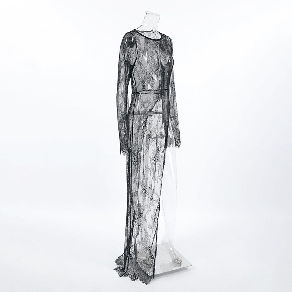 Robe noire tendance femme en dentelle avec motif perspective et manches officiel longues