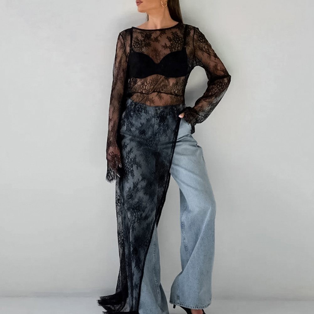Robe noire tendance femme en dentelle avec motif perspective et manches longues 2024