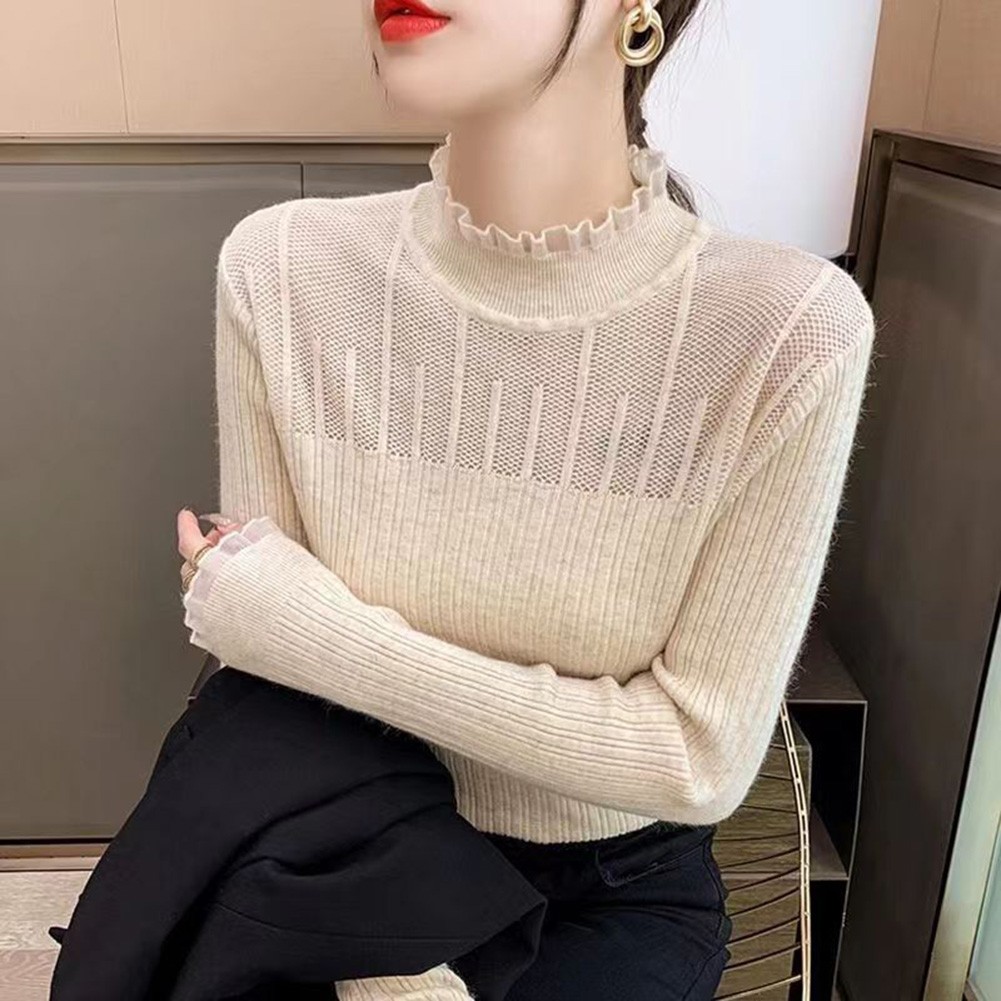 Lace Mock Neck Solid Color Women Sweater for Casual Autumn Winter Style - Picture 17 of 28