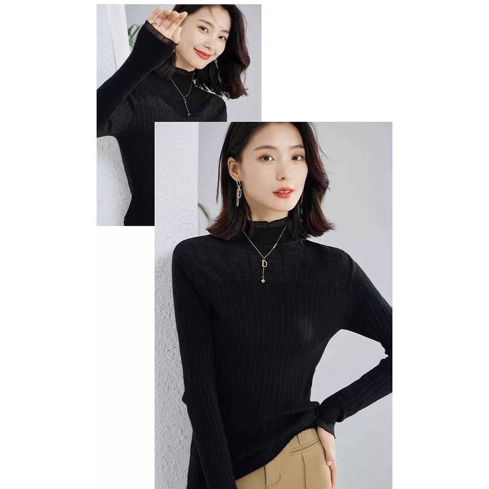 Lace Mock Neck Solid Color Women Sweater for Casual Autumn Winter Style - Picture 14 of 28