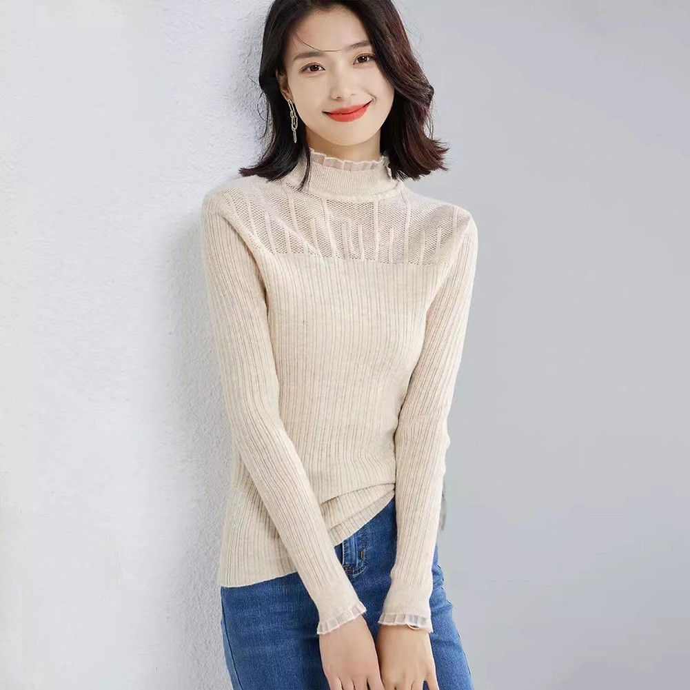 Lace Mock Neck Solid Color Women Sweater for Casual Autumn Winter Style - Picture 21 of 28