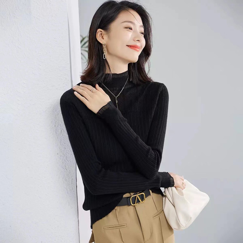 Lace Mock Neck Solid Color Women Sweater for Casual Autumn Winter Style - Picture 16 of 28