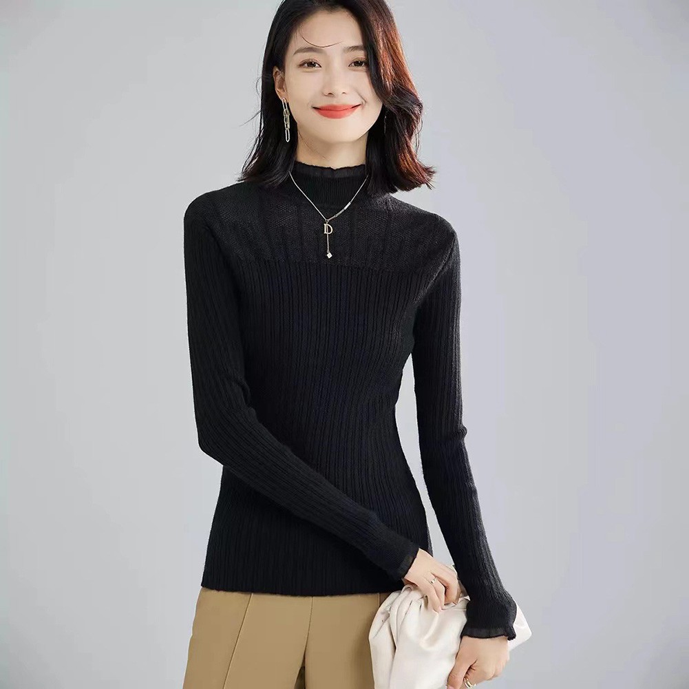 Lace Mock Neck Solid Color Women Sweater for Casual Autumn Winter Style - Picture 13 of 28