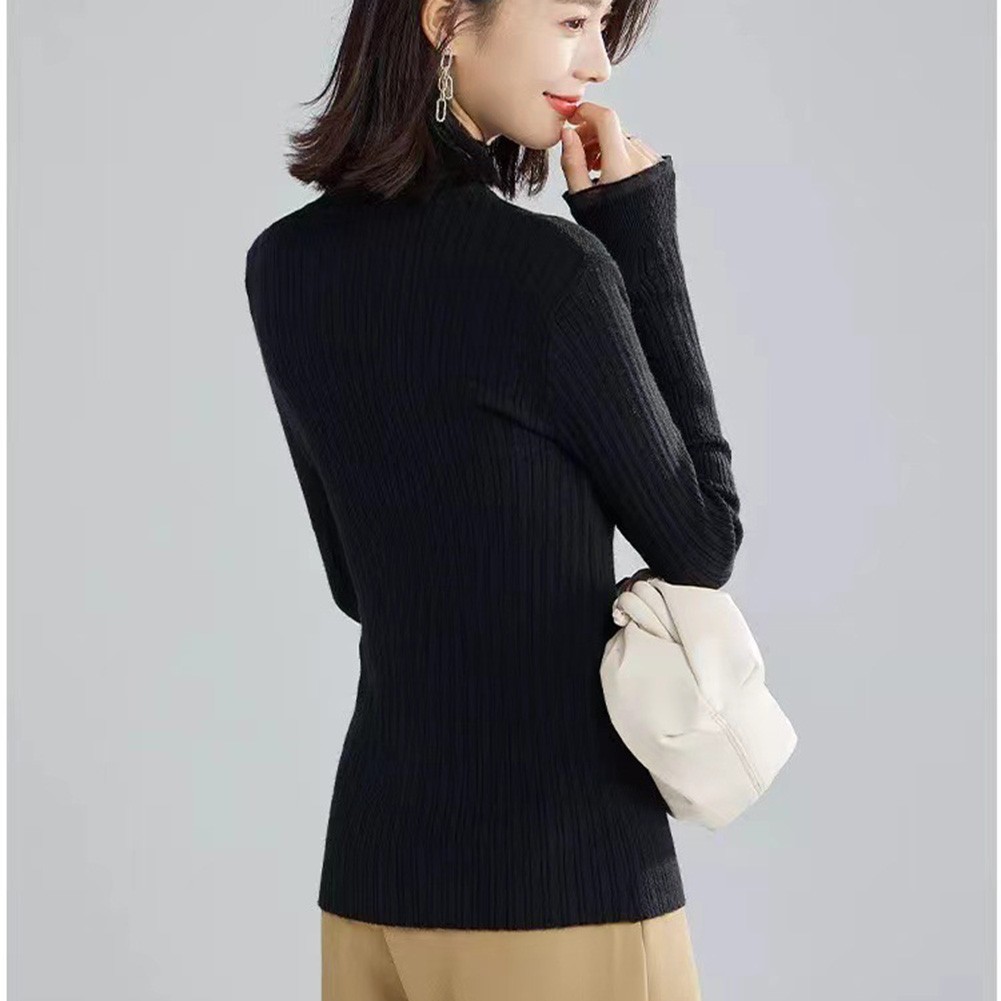 Lace Mock Neck Solid Color Women Sweater for Casual Autumn Winter Style - Picture 15 of 28