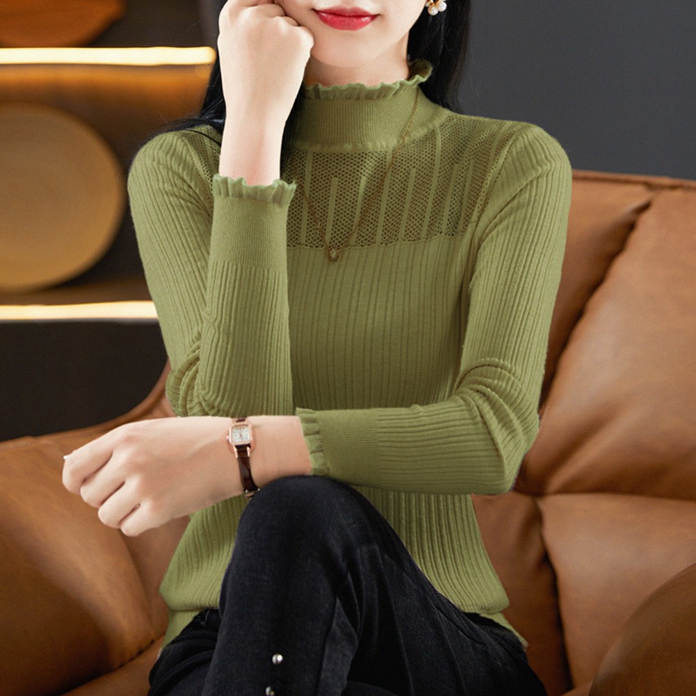 Lace Mock Neck Solid Color Women Sweater for Casual Autumn Winter Style - Picture 25 of 28