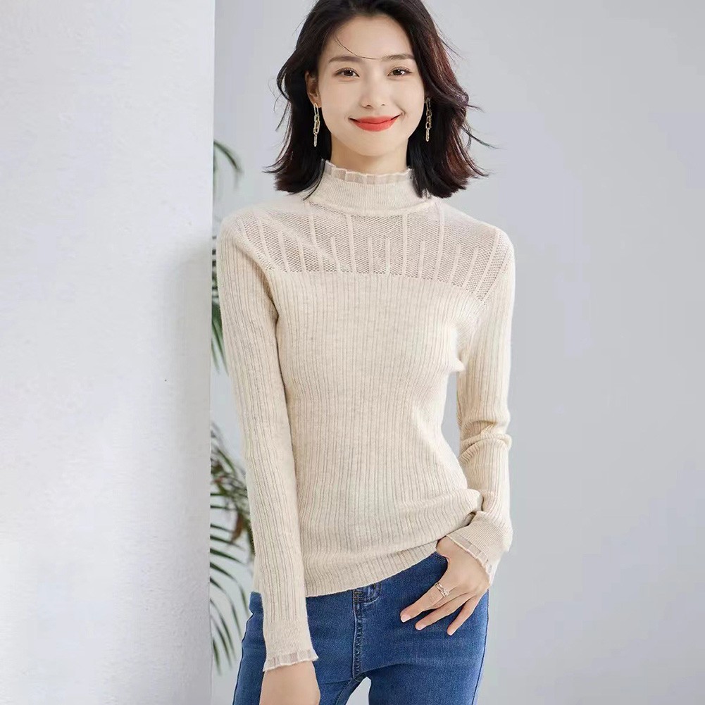 Lace Mock Neck Solid Color Women Sweater for Casual Autumn Winter Style - Picture 24 of 28