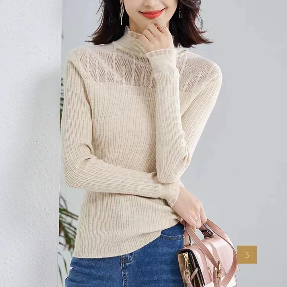 Lace Mock Neck Solid Color Women Sweater for Casual Autumn Winter Style - Picture 19 of 28