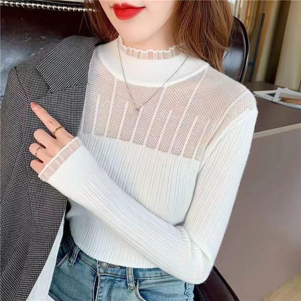 Lace Mock Neck Solid Color Women Sweater for Casual Autumn Winter Style - Picture 28 of 28