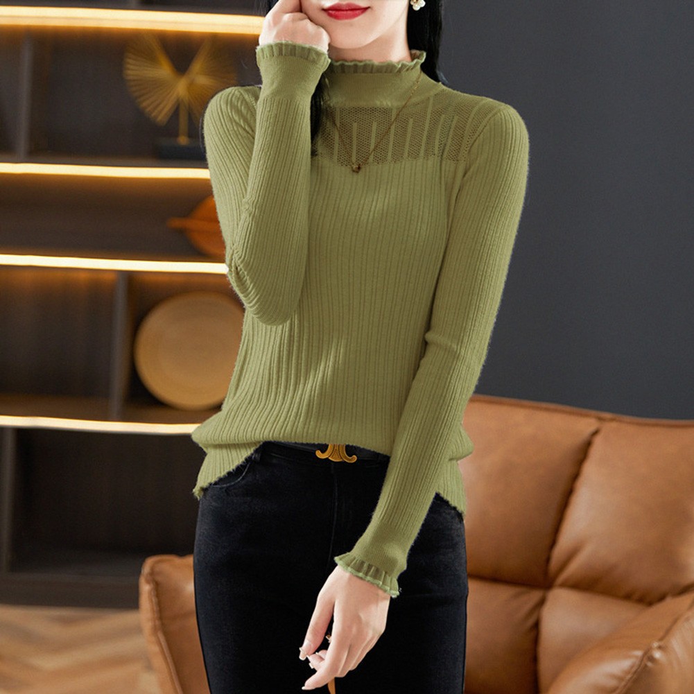Lace Mock Neck Solid Color Women Sweater for Casual Autumn Winter Style - Picture 26 of 28