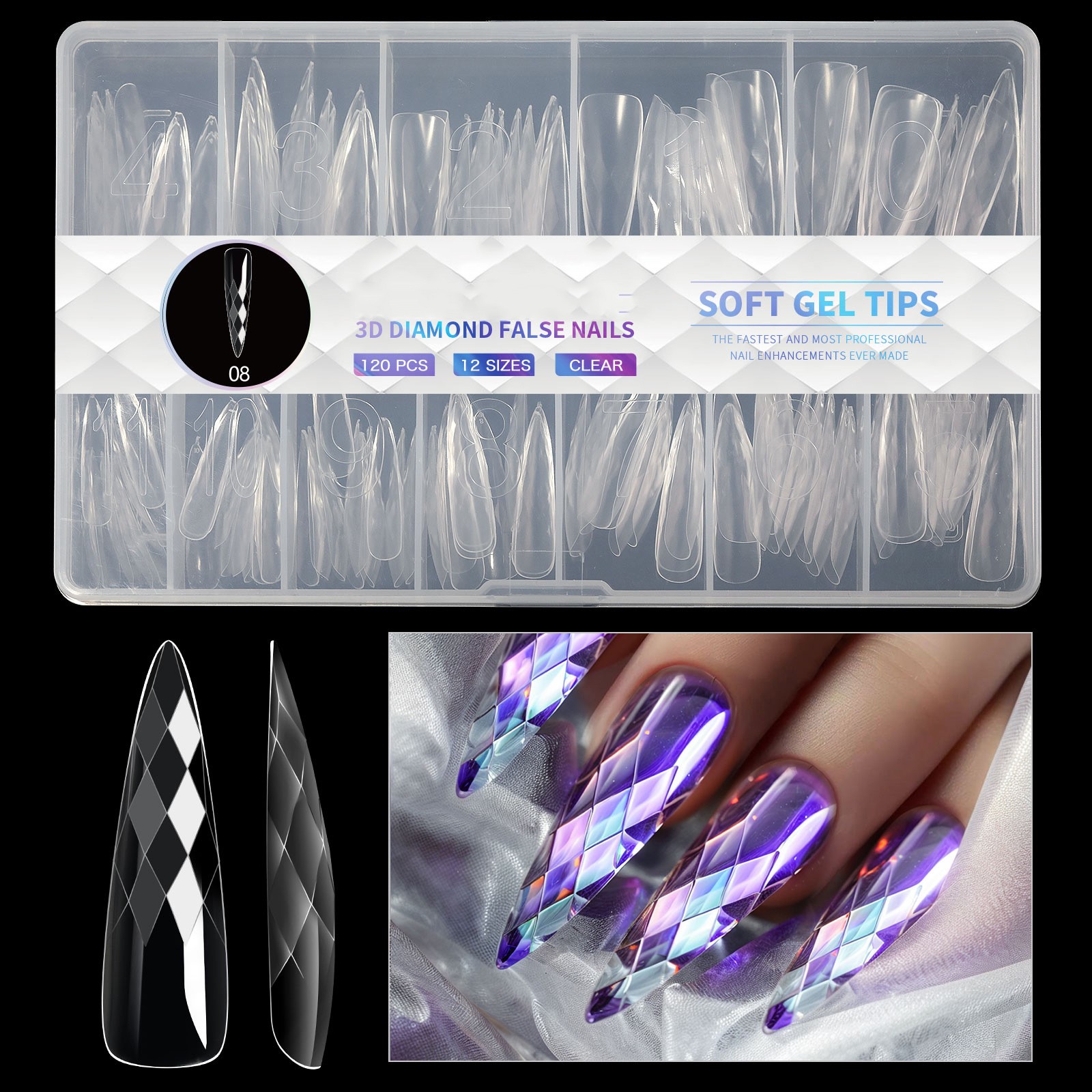 3D Diamond Almond Coffin Press On Nails 120140 Pieces for Custom Nail Art