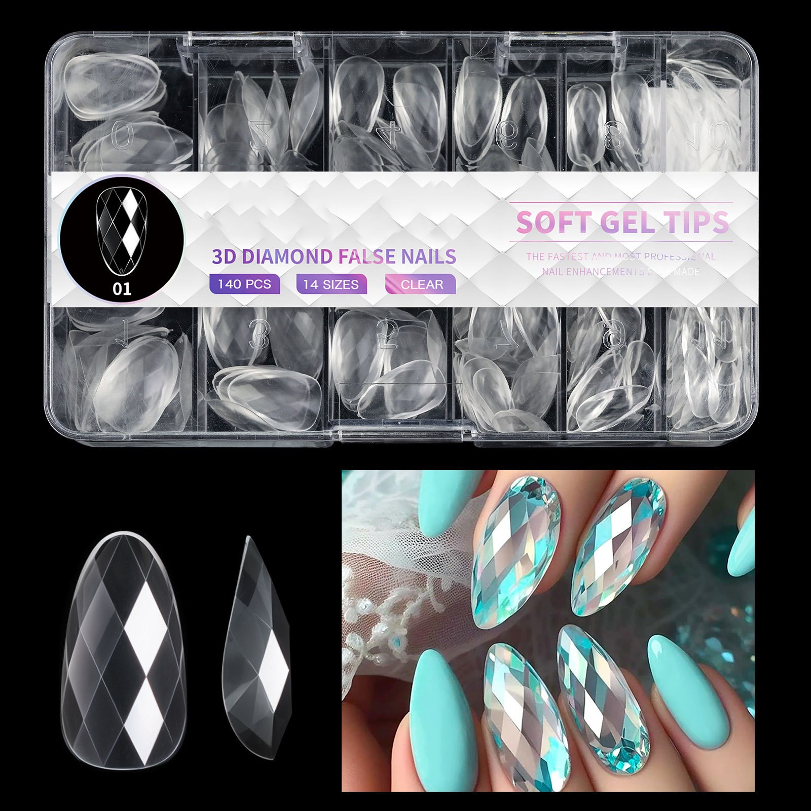 3D Diamond Almond Coffin Press On Nails 120140 Pieces for Custom Nail Art