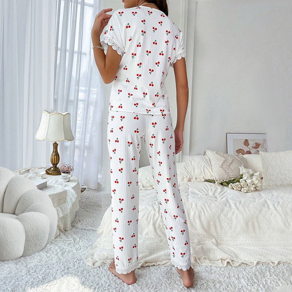 Stylish 2 Piece Women Pajama Set with Lace Trim For Cherry Print Top and Pants - Picture 13 of 14