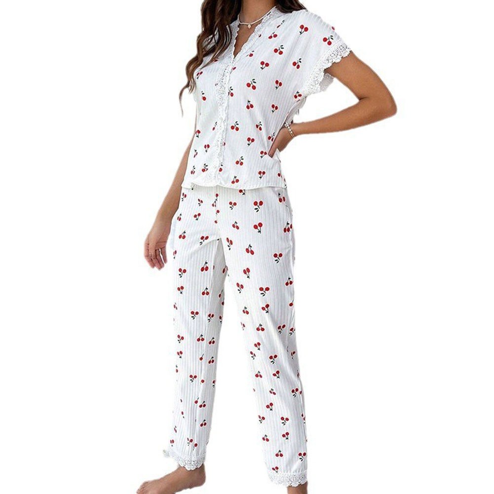 Stylish 2 Piece Women Pajama Set with Lace Trim For Cherry Print Top and Pants - Picture 10 of 14