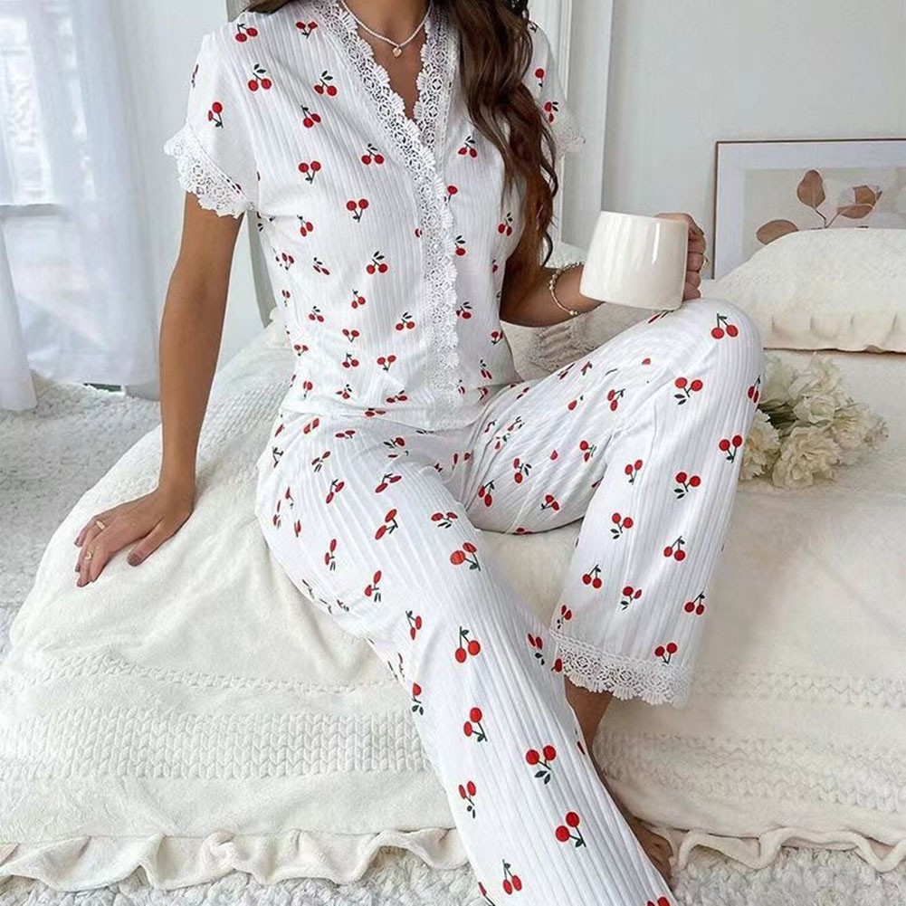 Stylish 2 Piece Women Pajama Set with Lace Trim For Cherry Print Top and Pants - Picture 9 of 14