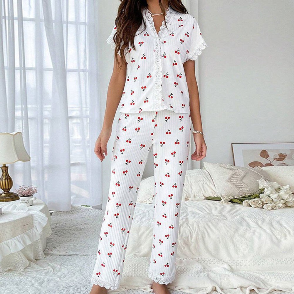Stylish 2 Piece Women Pajama Set with Lace Trim For Cherry Print Top and Pants - Picture 11 of 14