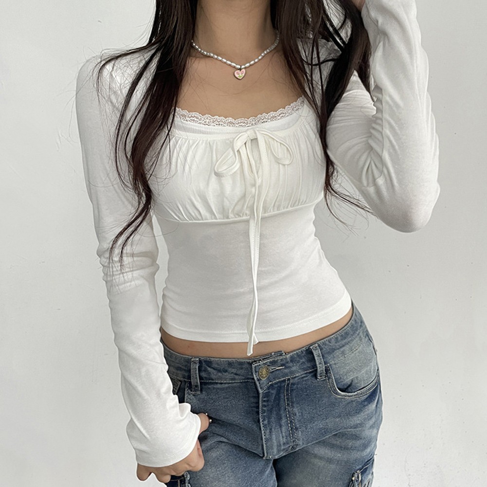 Elegant Women's Casual Clothing Ruched Tie & Lace Trimmed T Shirt Style