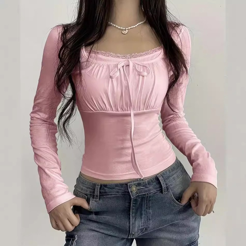 Elegant Women's Casual Clothing Ruched Tie & Lace Trimmed T Shirt Style