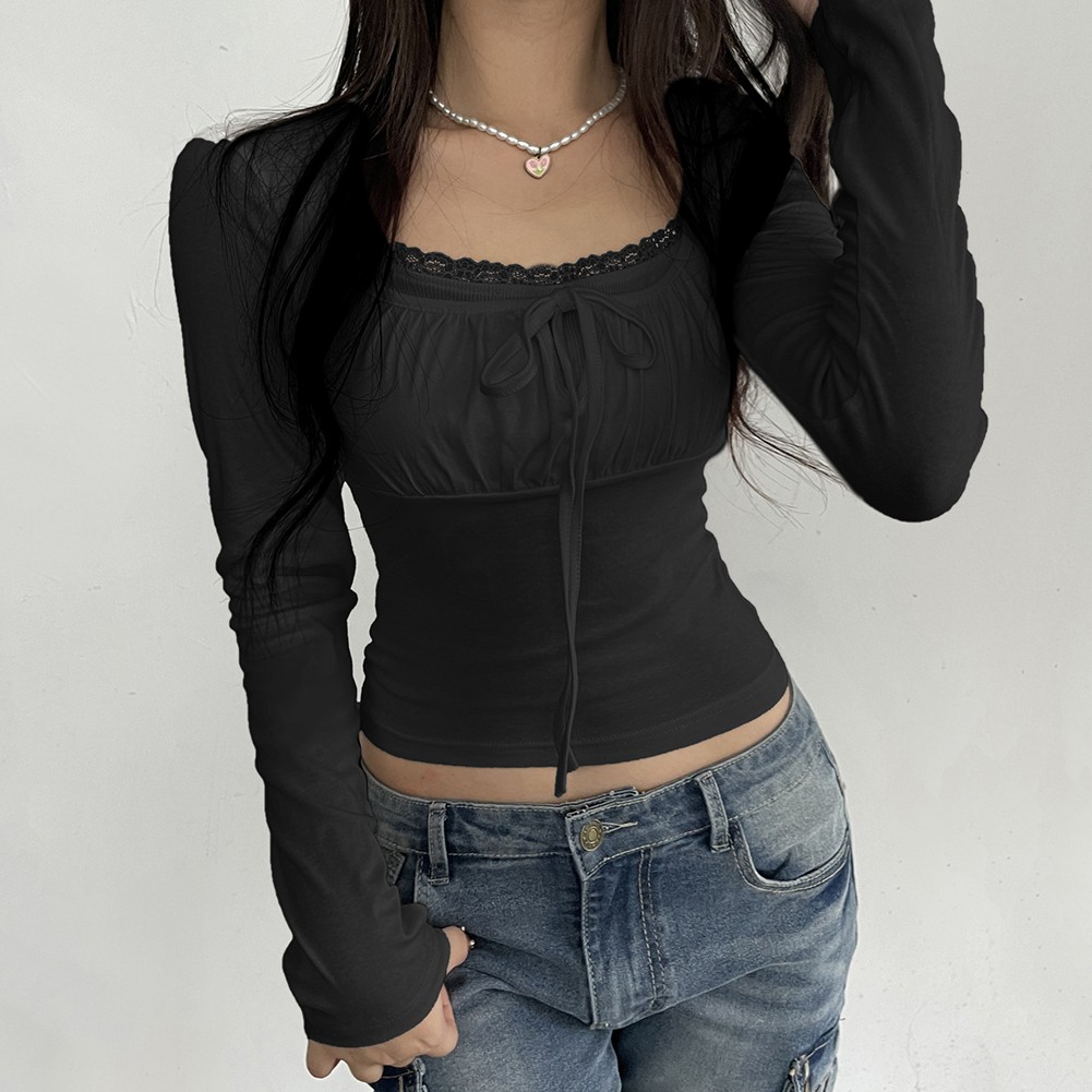 Elegant Women's Casual Clothing Ruched Tie & Lace Trimmed T Shirt Style