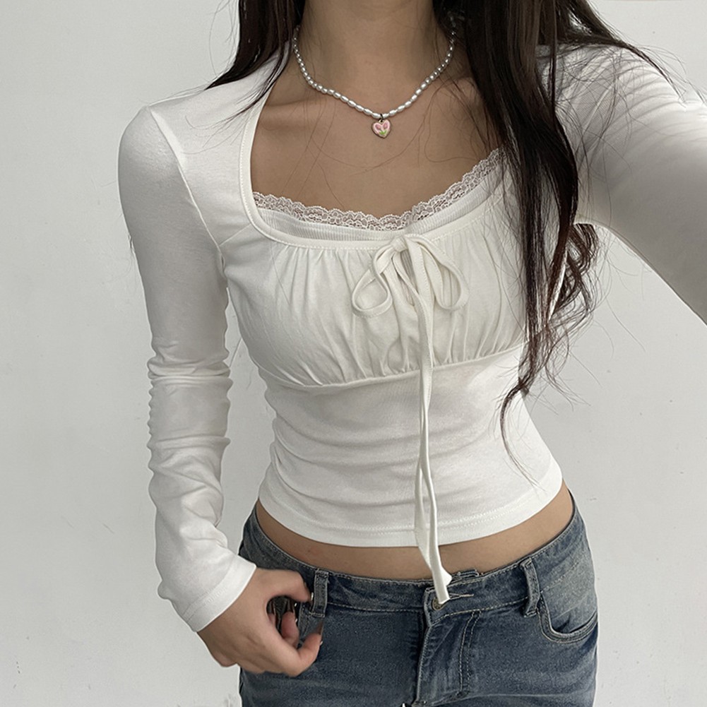 Elegant Women's Casual Clothing Ruched Tie & Lace Trimmed T Shirt Style