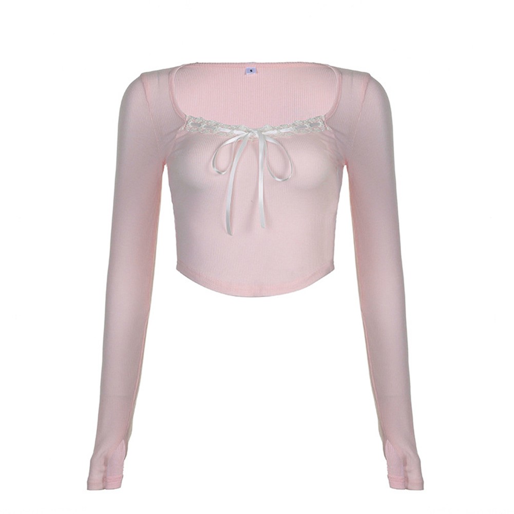 Square Neck Long Sleeve T Shirt for Women Autumn Bow Design Casual Top - Picture 24 of 24