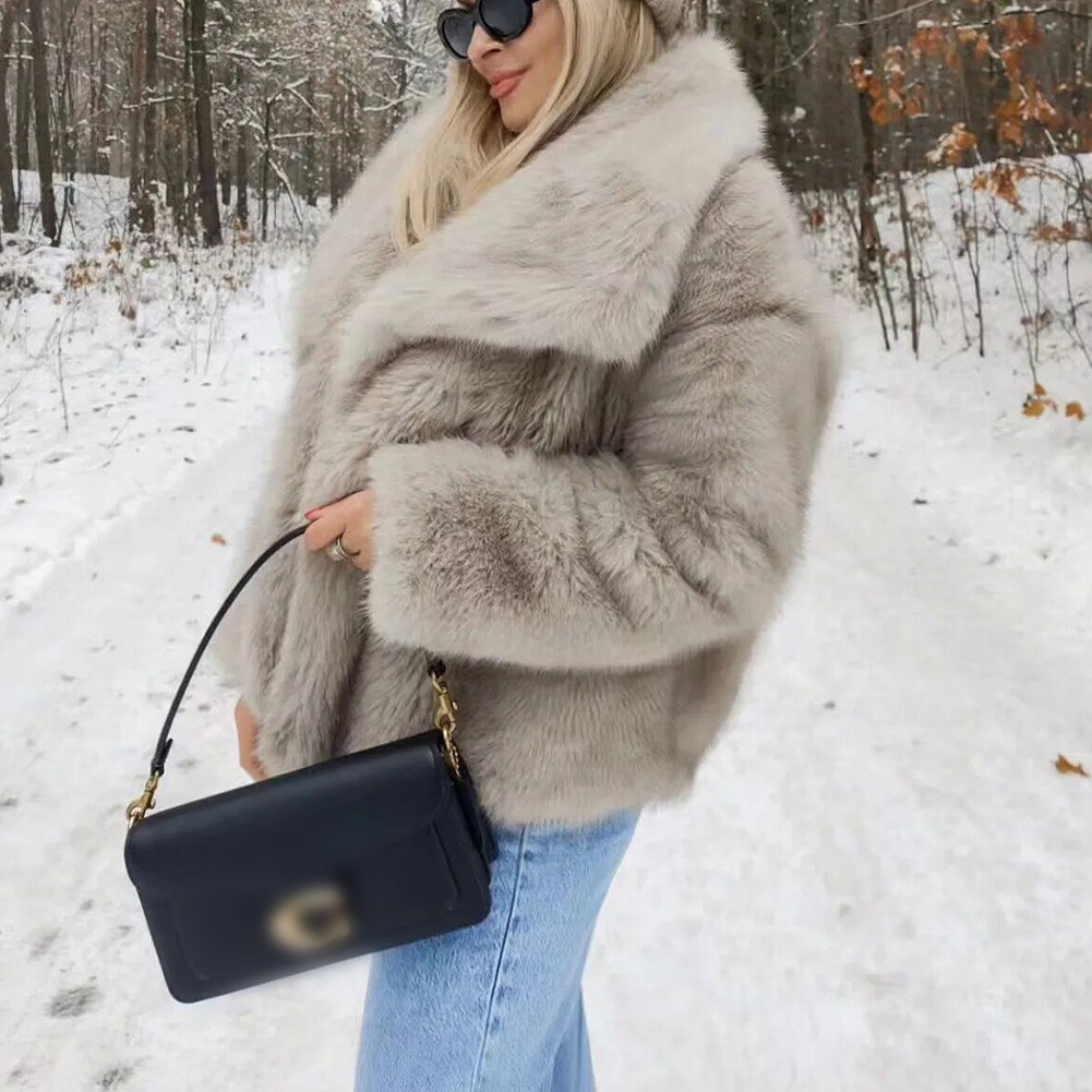 Stylish Women Oversized Coat Fluffy Warm Lapel Jacket for Cold Weather - Picture 36 of 47