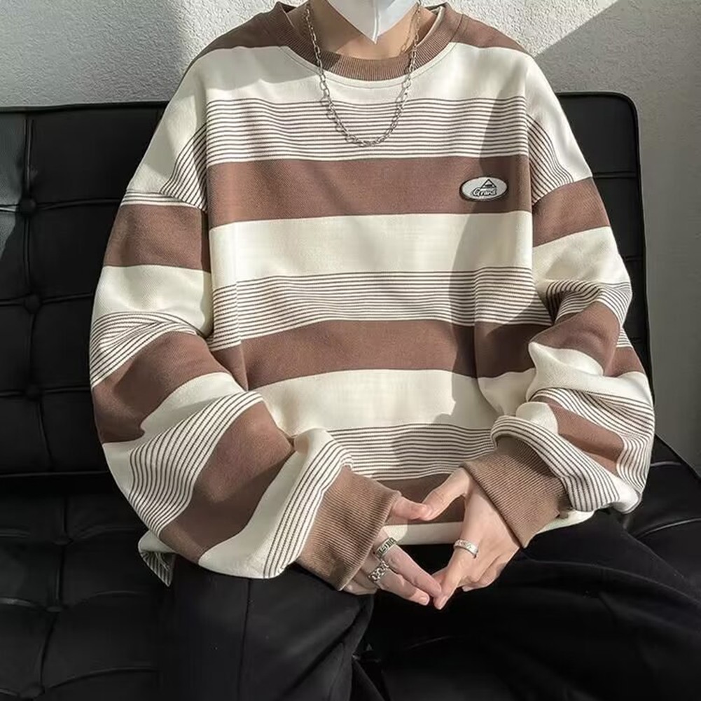 Casual Mens Sweatshirt with Stripes Long Sleeves Round Neck for All Seasons - Picture 37 of 40