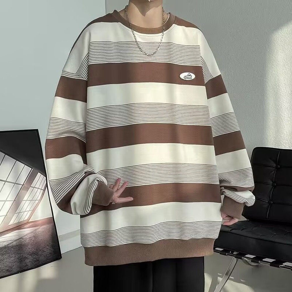 Casual Mens Sweatshirt with Stripes Long Sleeves Round Neck for All Seasons - Picture 32 of 40
