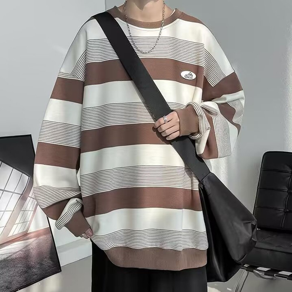 Casual Mens Sweatshirt with Stripes Long Sleeves Round Neck for All Seasons - Picture 38 of 40