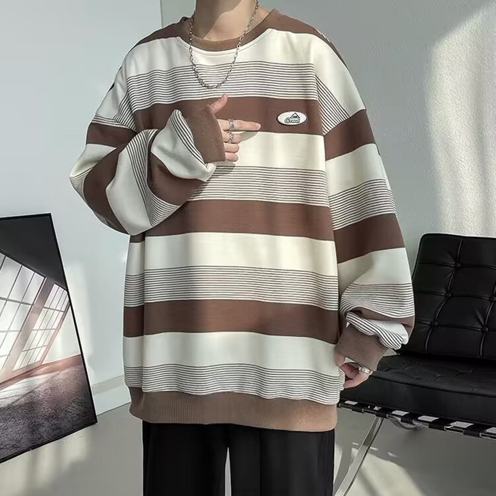 Casual Mens Sweatshirt with Stripes Long Sleeves Round Neck for All Seasons - Picture 31 of 40
