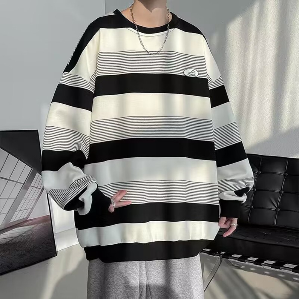 Casual Mens Sweatshirt with Stripes Long Sleeves Round Neck for All Seasons - Picture 22 of 40