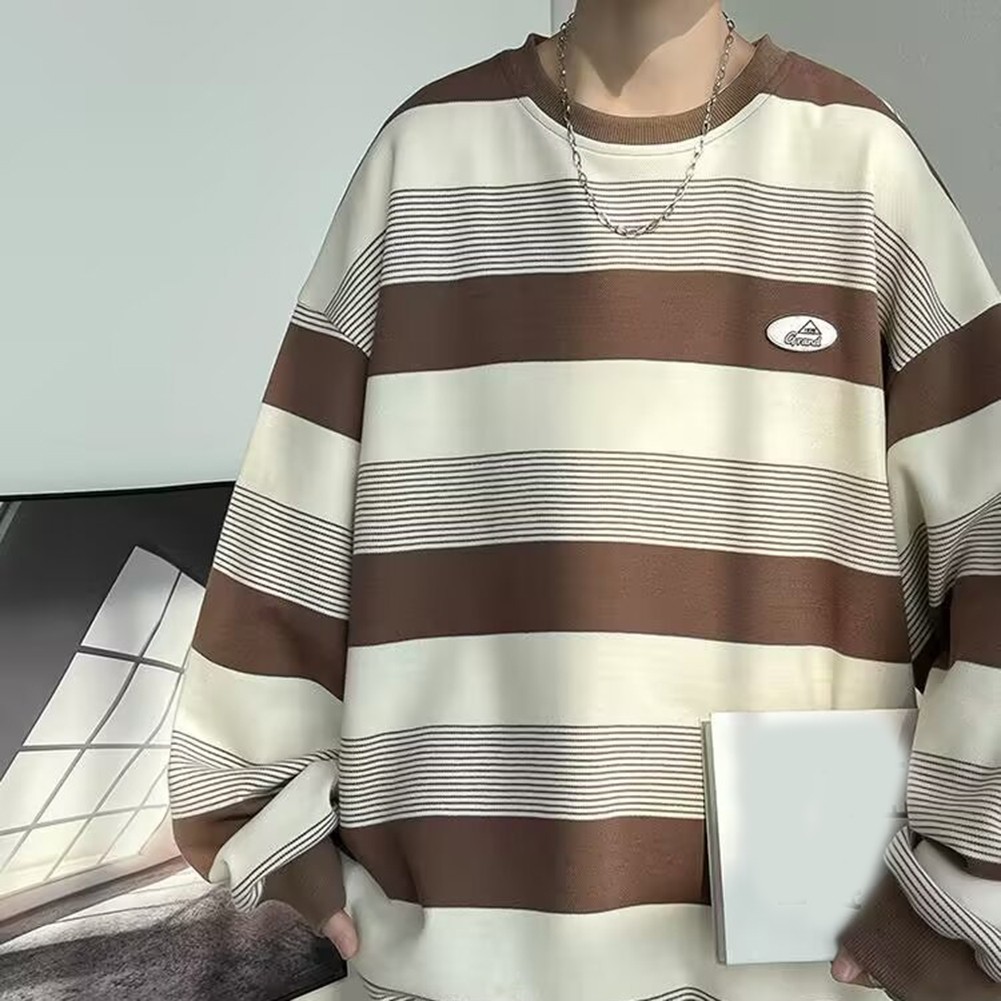 Casual Mens Sweatshirt with Stripes Long Sleeves Round Neck for All Seasons - Picture 36 of 40