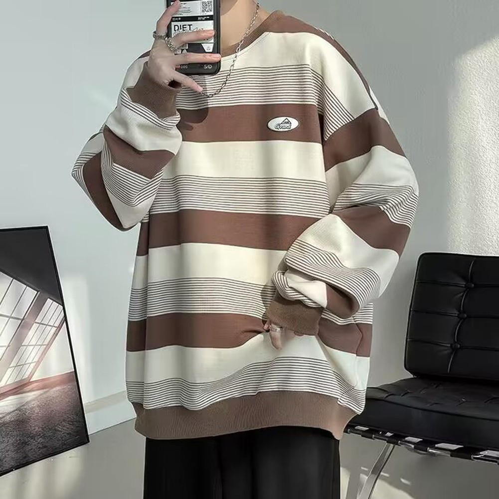 Casual Mens Sweatshirt with Stripes Long Sleeves Round Neck for All Seasons - Picture 33 of 40