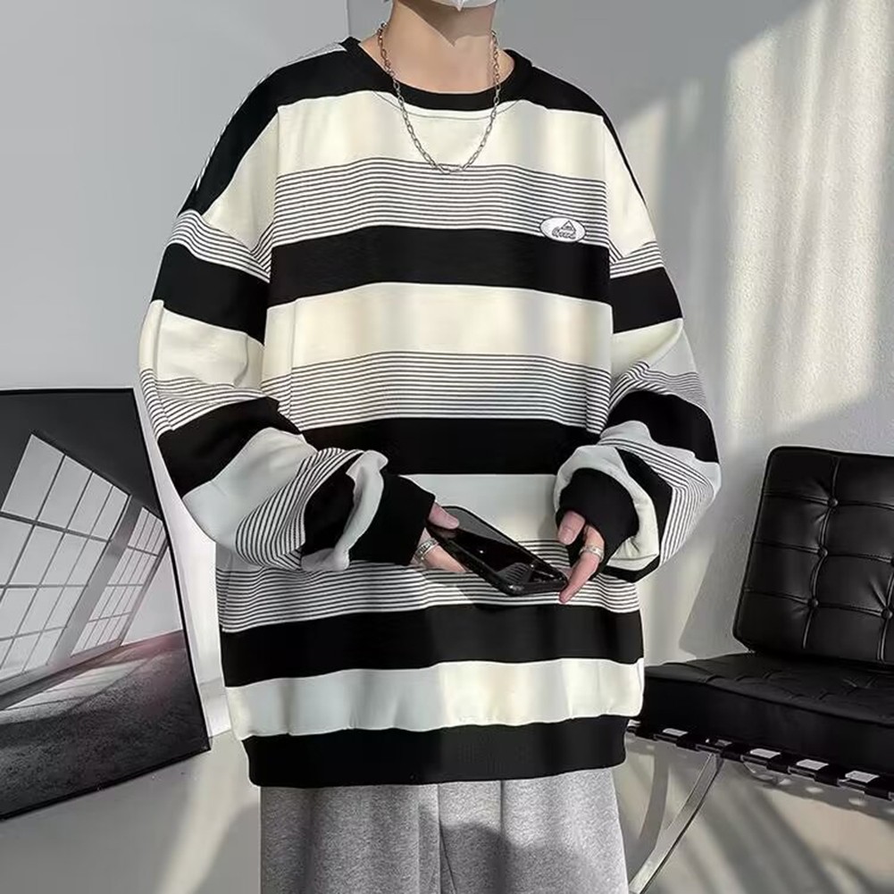 Casual Mens Sweatshirt with Stripes Long Sleeves Round Neck for All Seasons - Picture 28 of 40