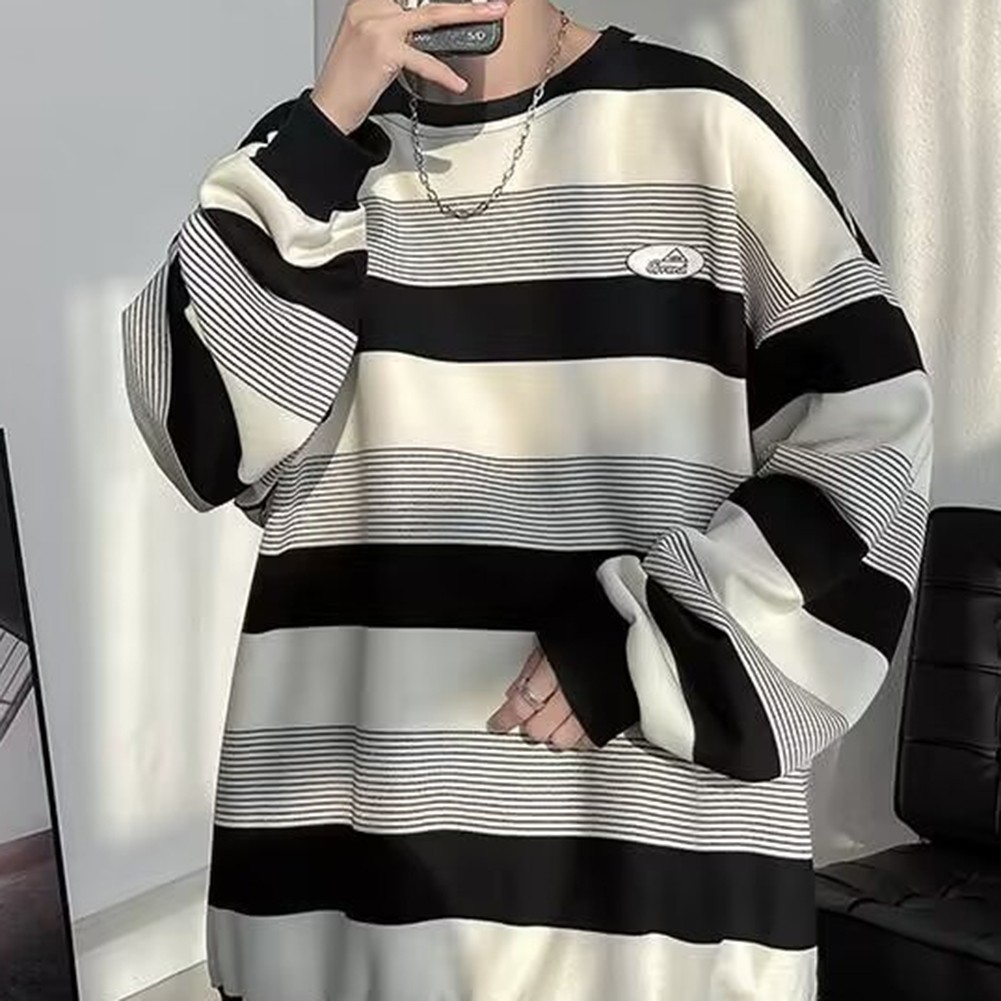 Casual Mens Sweatshirt with Stripes Long Sleeves Round Neck for All Seasons - Picture 24 of 40
