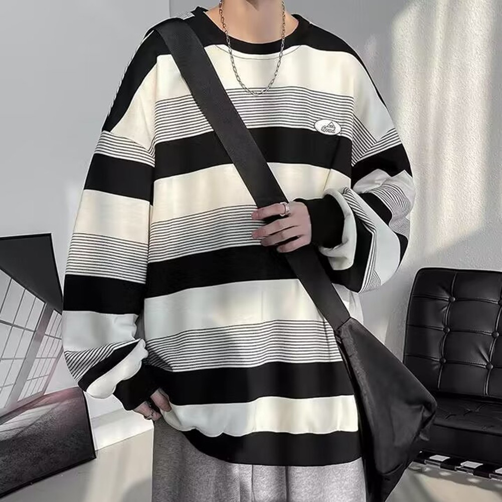 Casual Mens Sweatshirt with Stripes Long Sleeves Round Neck for All Seasons - Picture 27 of 40