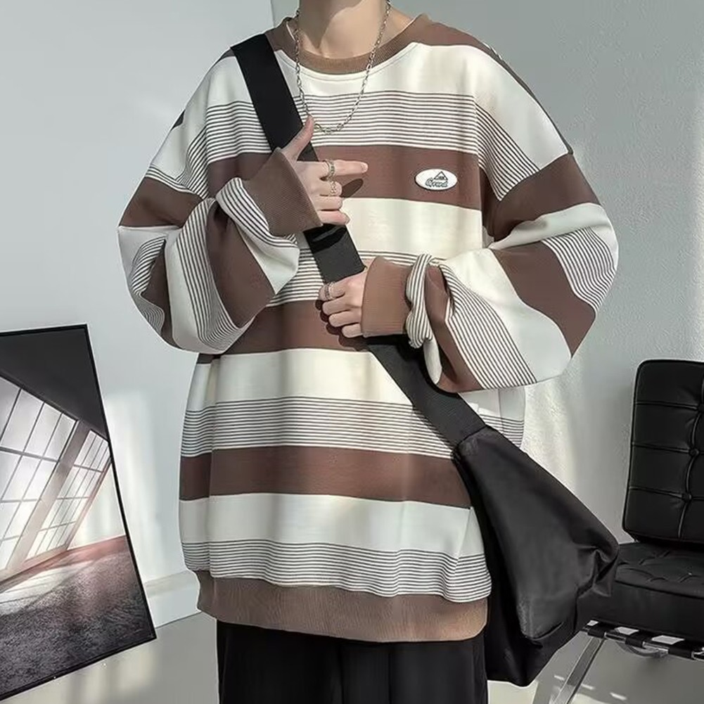 Casual Mens Sweatshirt with Stripes Long Sleeves Round Neck for All Seasons - Picture 35 of 40