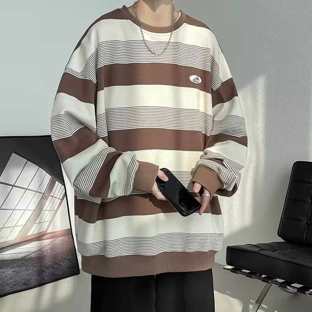 Casual Mens Sweatshirt with Stripes Long Sleeves Round Neck for All Seasons - Picture 34 of 40