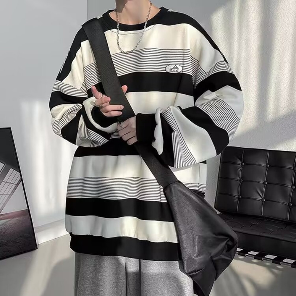 Casual Mens Sweatshirt with Stripes Long Sleeves Round Neck for All Seasons - Picture 30 of 40
